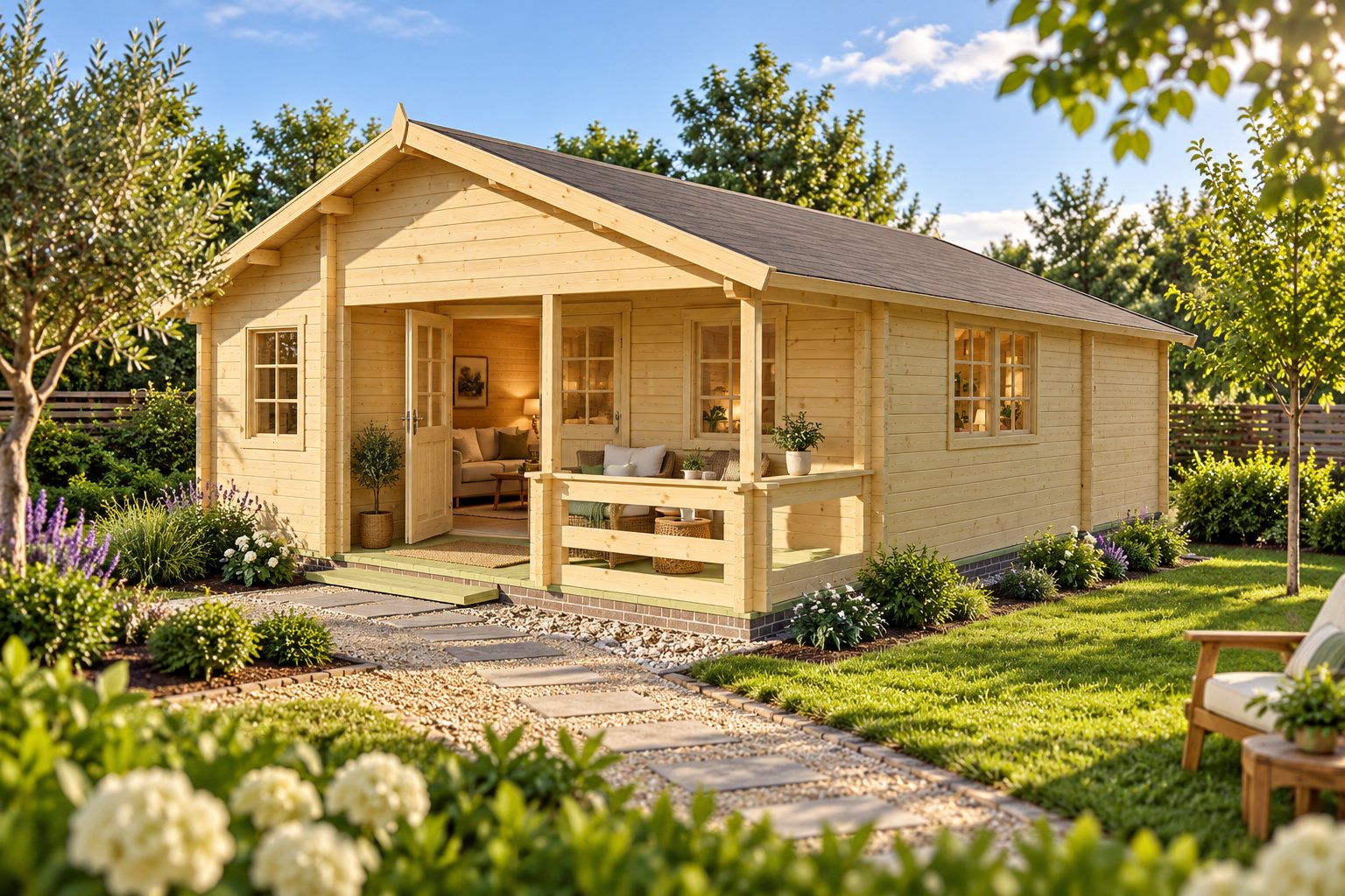 Petite maison en bois neuve dans un jardin, avec terrasse et allée de pierres menant à l’entrée.