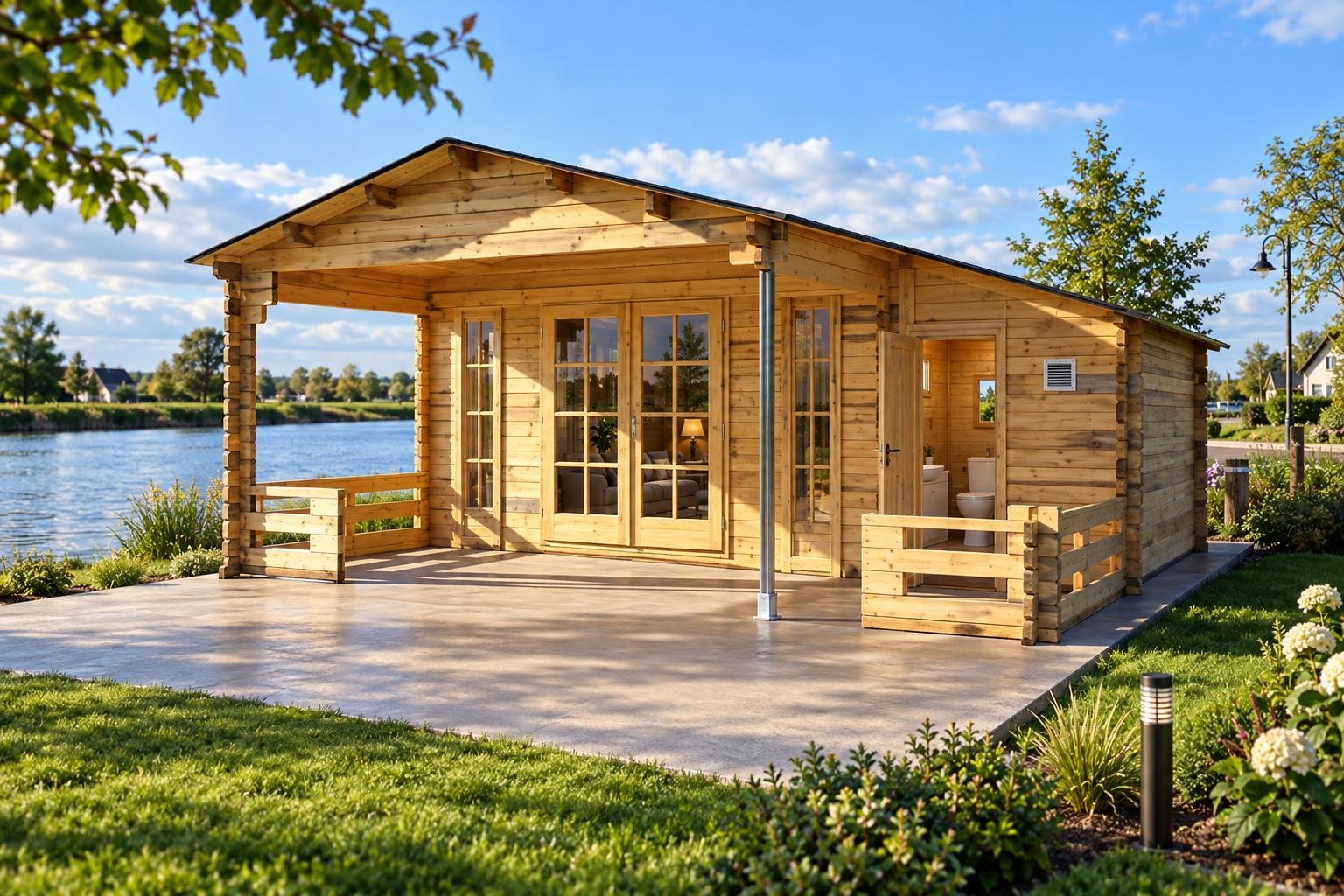 Petite maison en bois de style chalet avec porte-fenêtre et terrasse en bois près d’un lac, entourée de verdure.