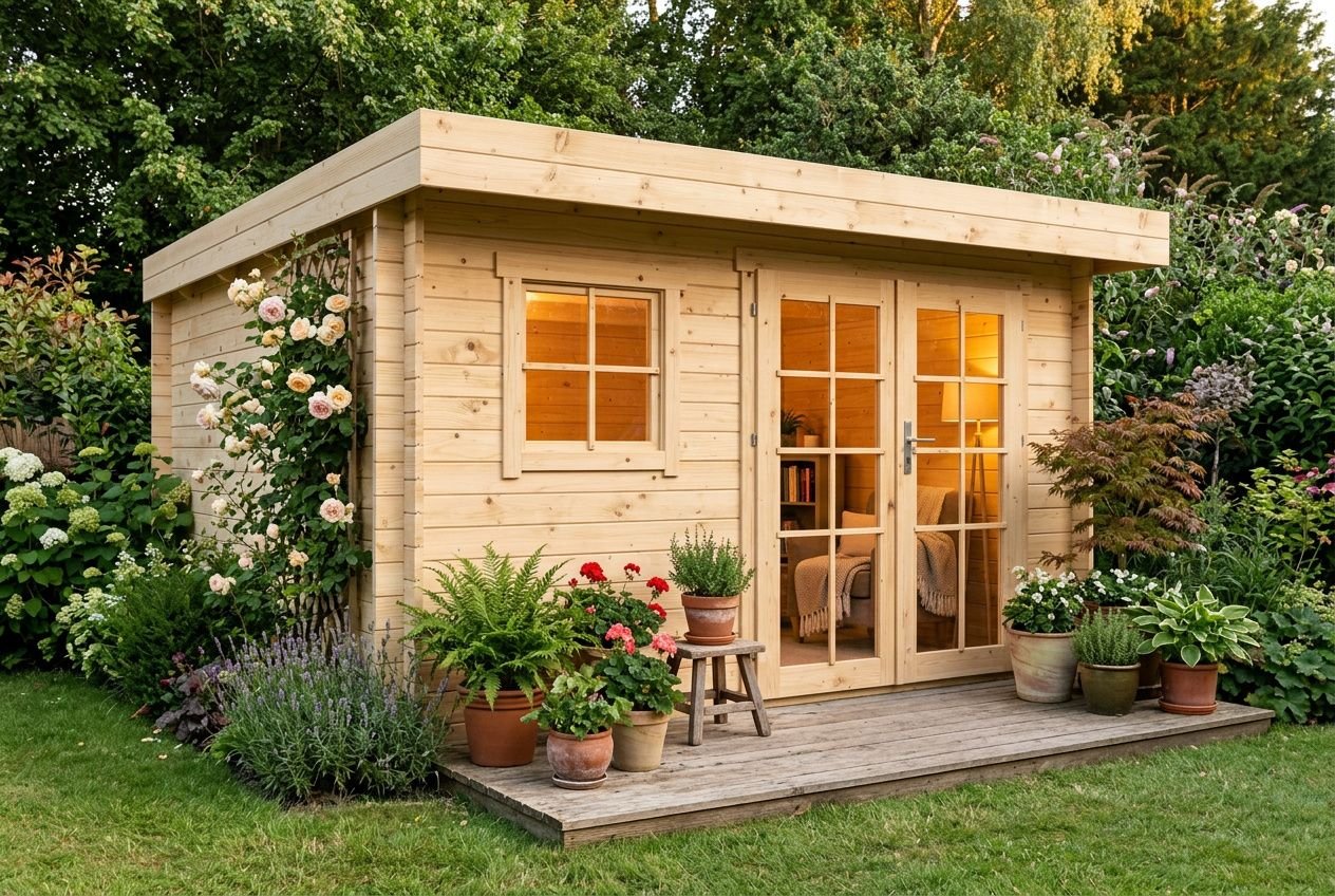 Petite roulotte en bois aménagée en pièce d’habitation, entourée de pots de fleurs sur une terrasse en bois et jardin verdoyant. Aménager une roulotte en bois en chambre d'hôtes ou gîte.
