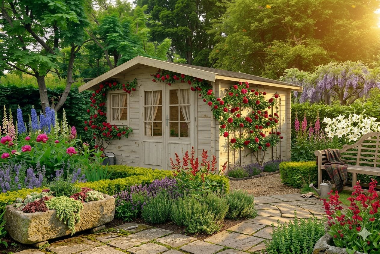 Petite roulotte en bois joliment fleuri, entourée de jardin coloré et d’un chemin en pierre.