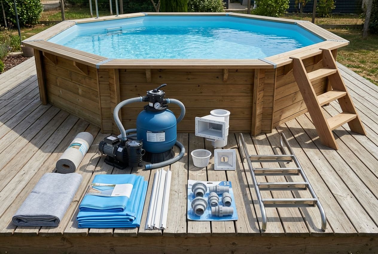 Piscine hors sol en bois entourée de bois, avec échelle et facteurs d’entretien: produits, pompe, filtre et accessoires sur la plateforme, prêts pour l’installation. Durée de vie d'une piscine hors sol en bois mentionnée.