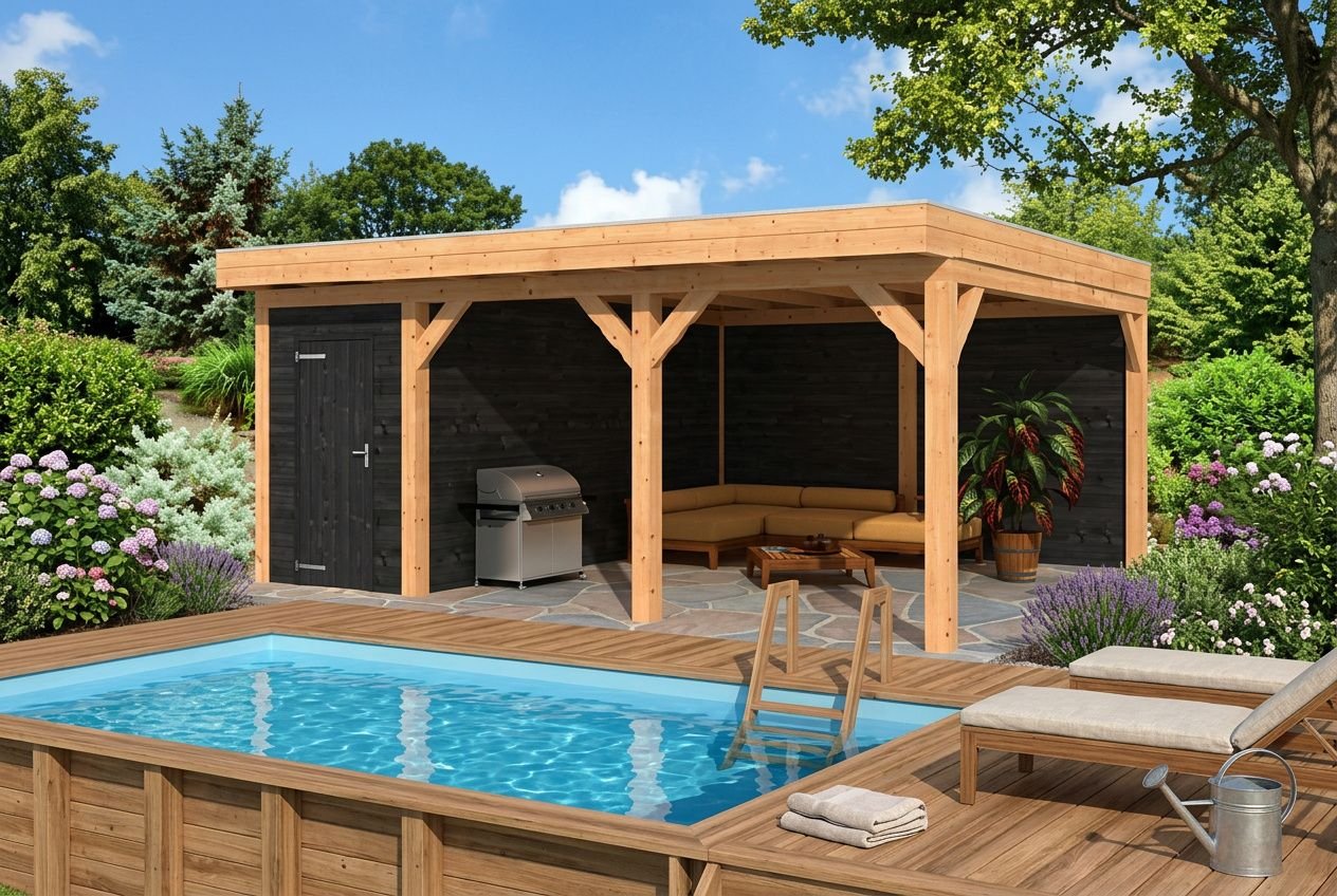 Piscine hors sol en bois entourée d'une terrasse, cabane et coin salon avec barbecue, dans un jardin. Durée de vie d'une piscine hors sol en bois.