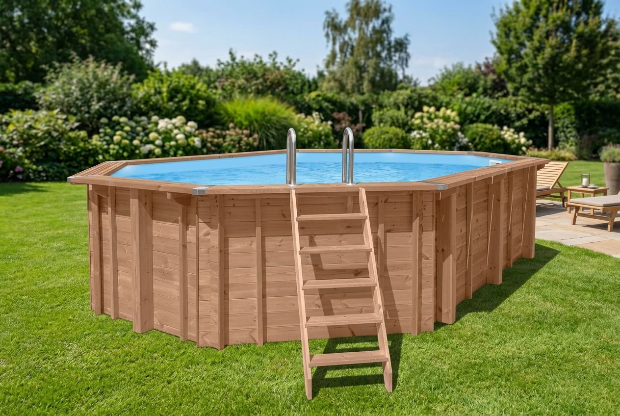 Piscine hors sol composite en bois avec escalier, installée dans un jardin verdoyant et lumineux.