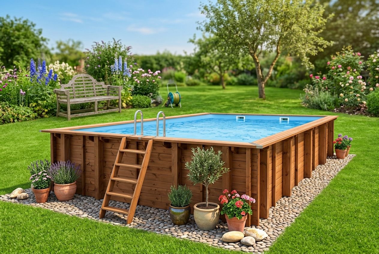 Piscine hors sol composite entourée de jardin, structure en bois, escaliers, bassin clair et éclatant, jardin fleuri et pavage décoratif.