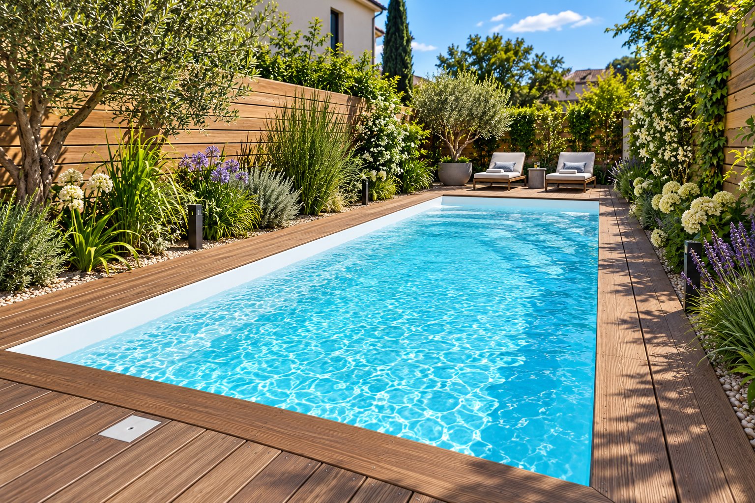 Piscine rectangulaire entourée d'une terrasse en bois et de végétation, avec des chaises longues au fond.