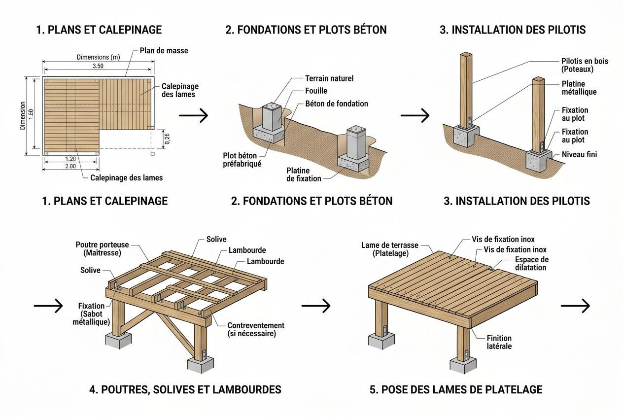 Plan et calepinage de la terrasse sur pilotis, fondations et plots en béton, installation des pilotis, puis pose des poutres, solives et lambourdes, et enfin pose des lames de platelage.