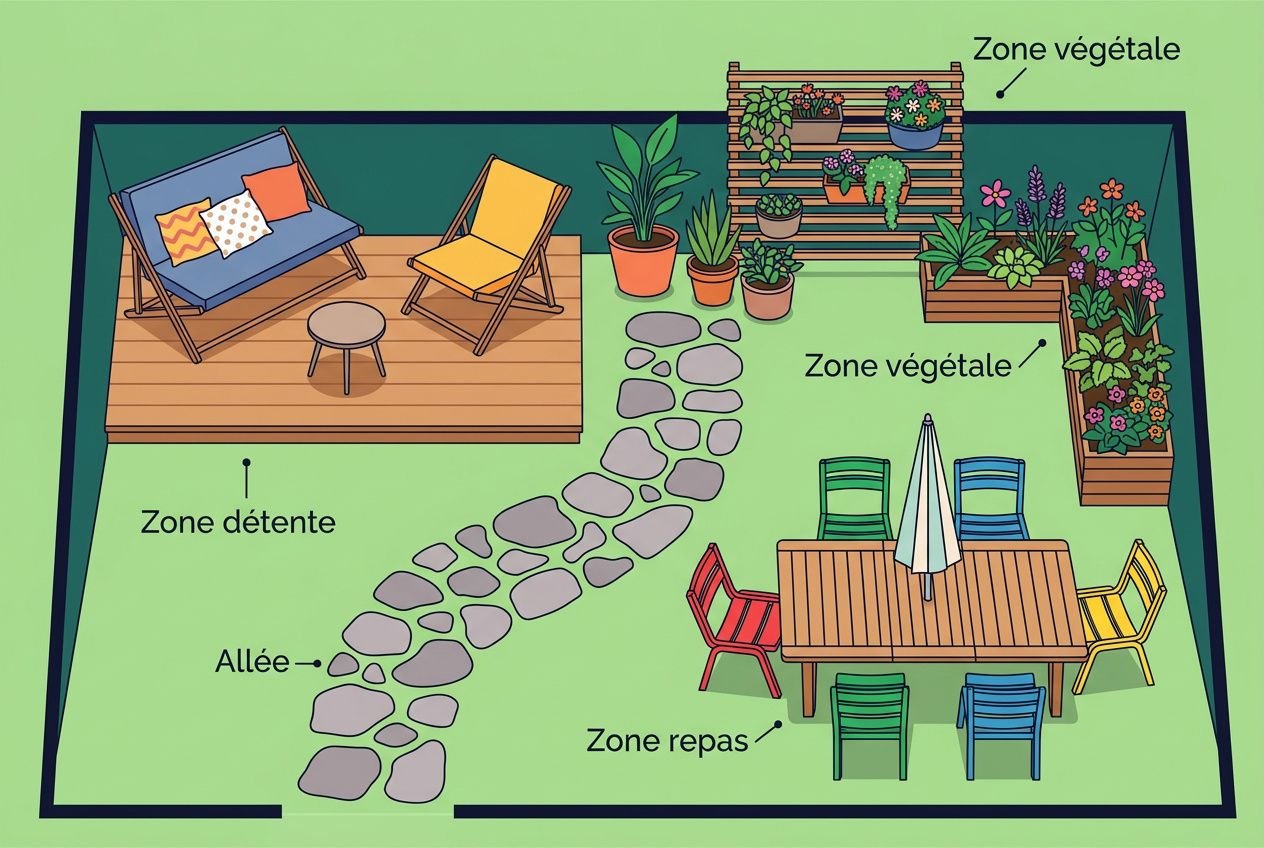 Plan d’aménagement d’un petit jardin de 20m2 avec zone détente, allée de pierres, zone repas et zone végétale.