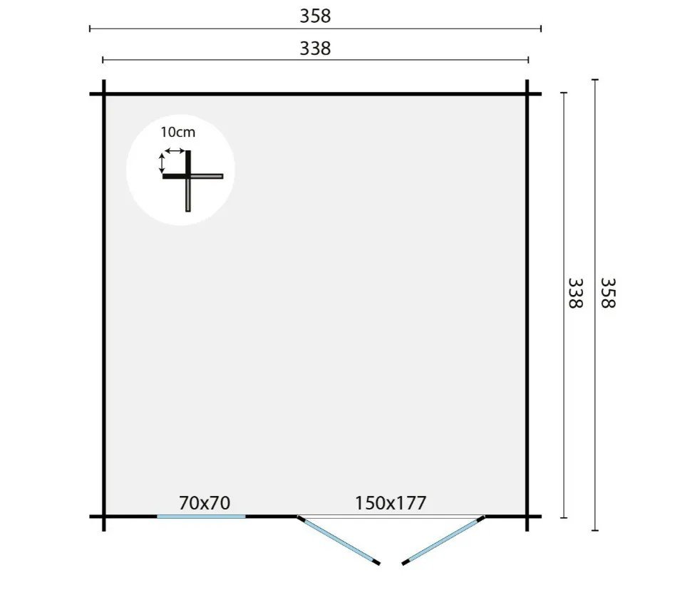 Plan d’aménagement intérieur montrant les dimensions d’une roulotte avec porte et meubles, incluant des ouvertures et