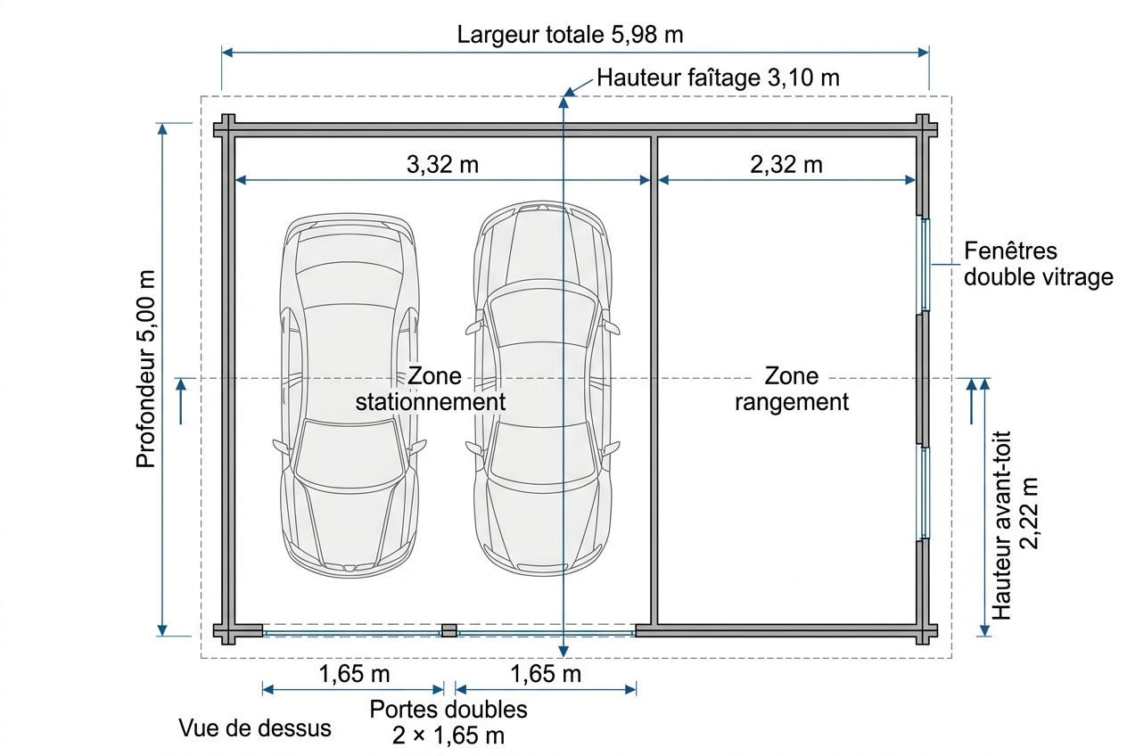 Plan d’un garage en bois avec zone parking pour 2 voitures et espace rangement, dimensions indiquées (largeur totale 5,98 m, profondeur 5,00 m).