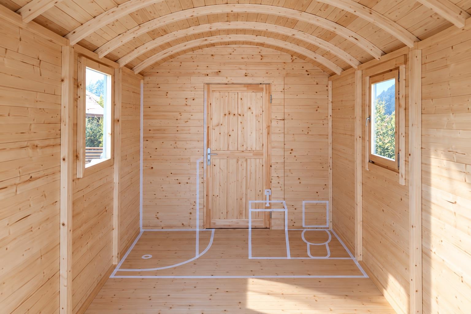 Plan d’une petite salle de bains en bois avec des repères de plomberie esquissés au sol et sur les murs montrant l’emplacement