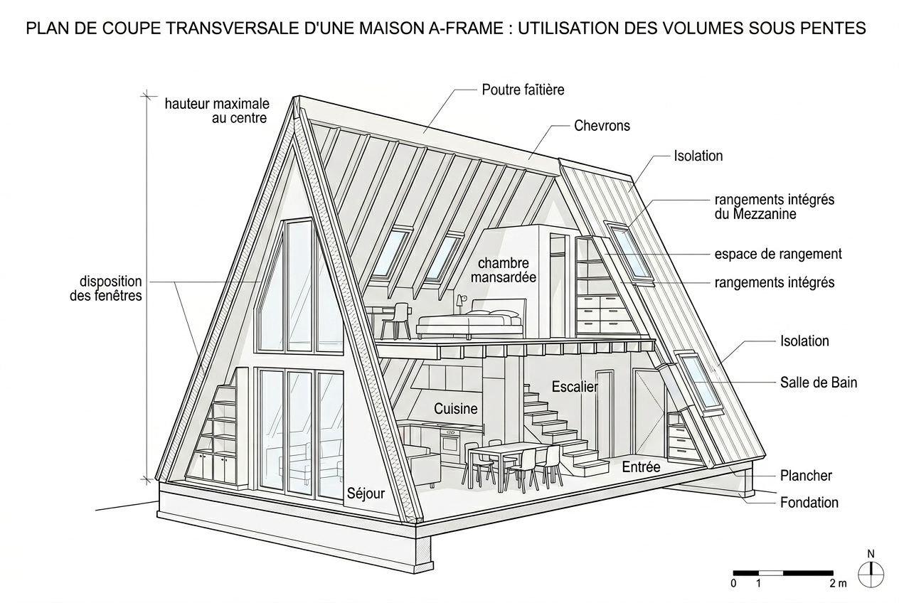 Plan maison A-frame utilisation espace