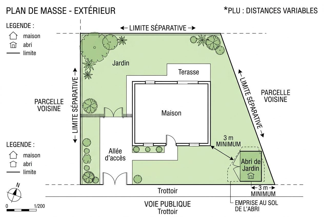 Plan de masse extérieur montrant une maison entourée d’un jardin, terrasse et allée d’accès; abri de jardin situé en coin du terrain avec espace dégagé et emprise au sol indiquée. | abri de jardin sans autorisation taille maximale intégré naturellement avec le sujet.