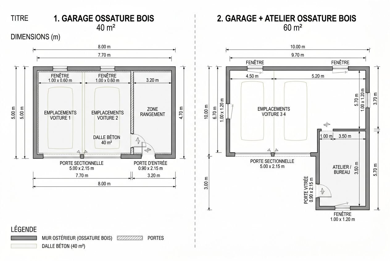 Plan technique d’un garage ossature bois sur mesure avec zones véhicule, rangement et atelier, dimensions 40 m² et 60 m².