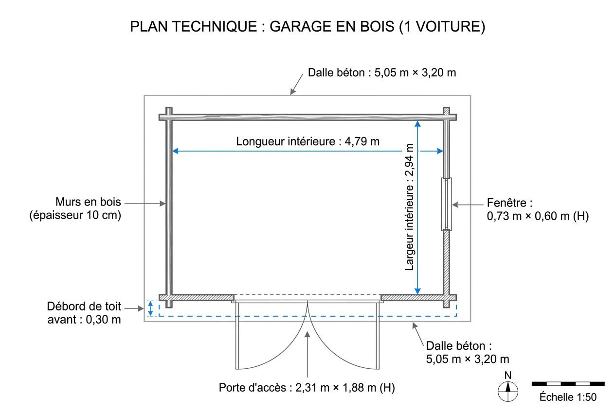 Plan technique: garage en bois (1 voiture) avec dimensions internes et extérieures, encadrement, porte d’accès et déport toit, utile pour dimension d'un garage en bois.