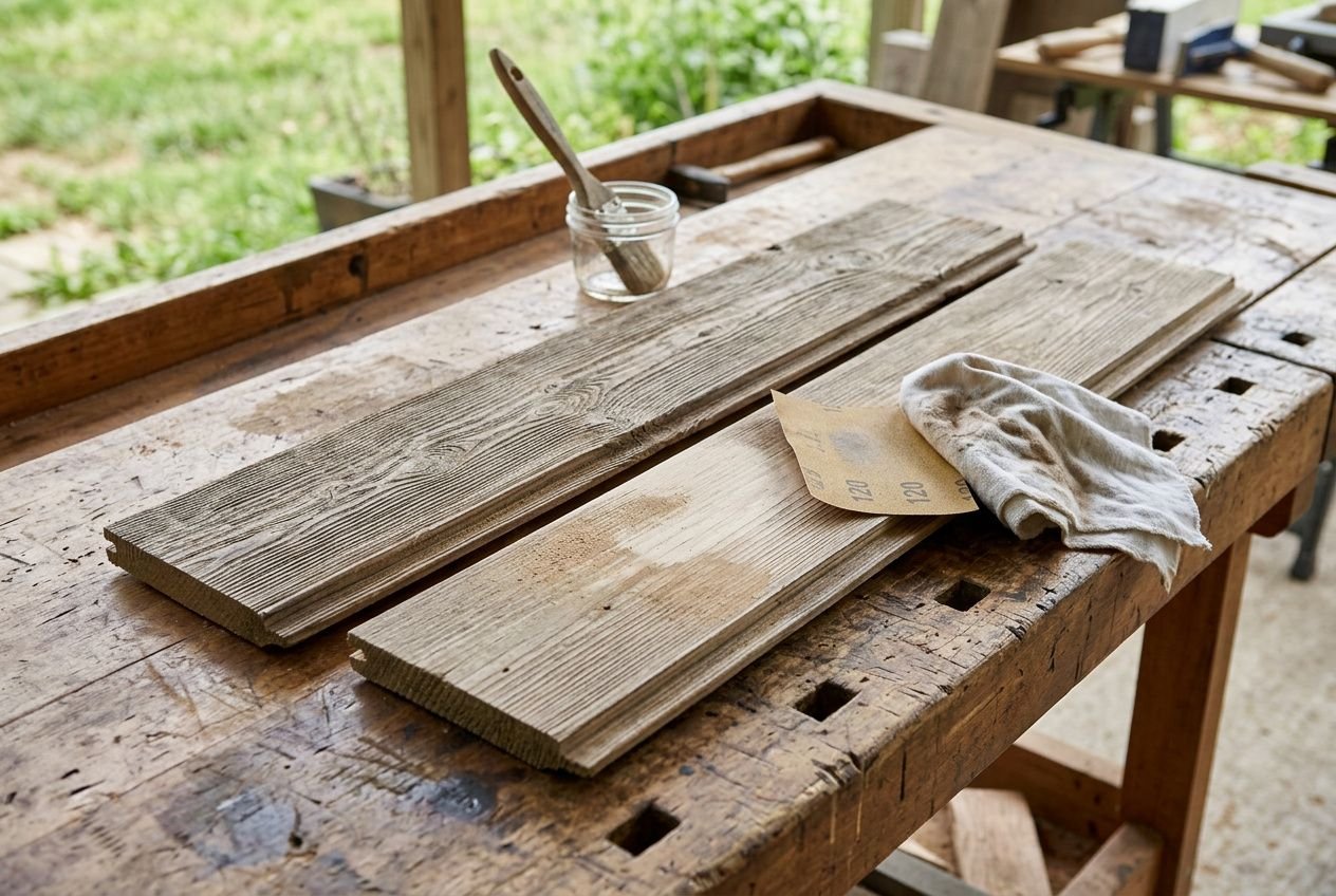 Planches de bois extéérieures posées sur un établi, pot de lasure et pinceau à côté, prêt pour l’application lasure bois extérieur.