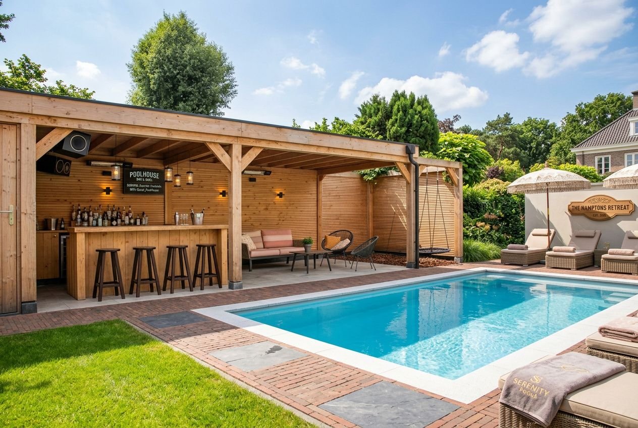 Poolhouse bois pour piscine en bois clair, aménagé en terrasse avec bar, canapés et coin détente près de la piscine.