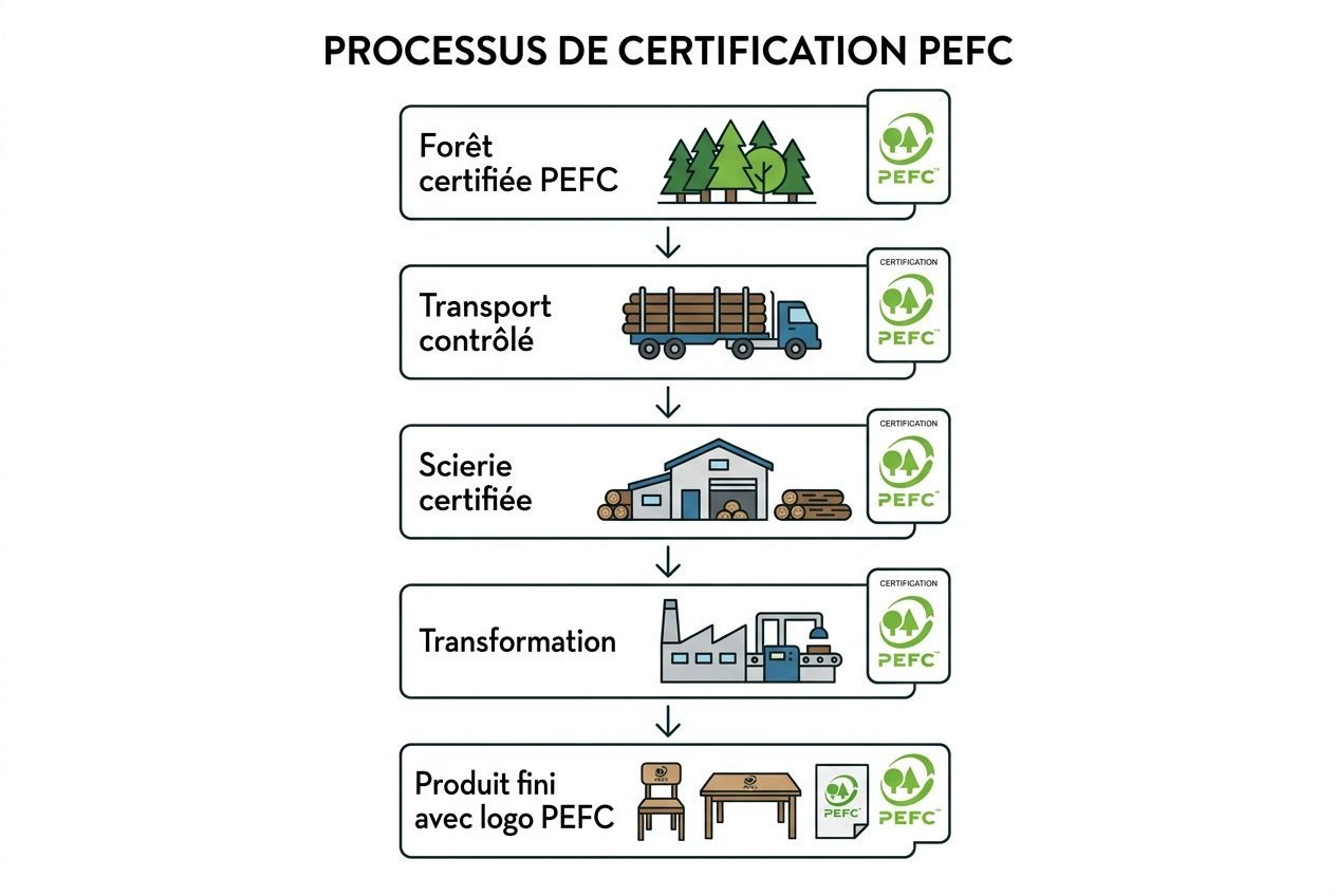 Processus de certification PEFC illustré, montrant forêt certifiée PEFC, transport contrôlé, scierie certifiée, transformation et produit fini avec logo PEFC, label garanti. bois certifié fsc pefc