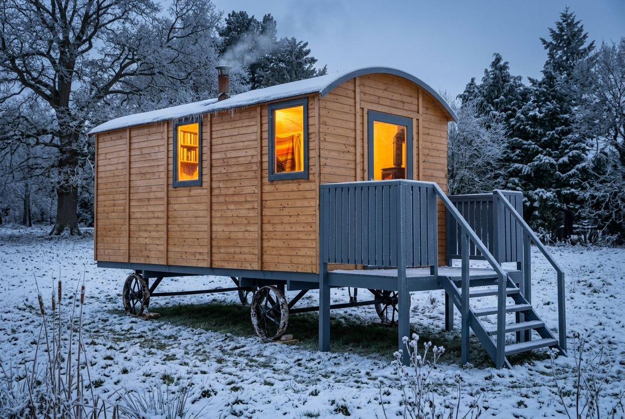 Roulotte bois surélevée en hiver enneigé, fenêtres lumineuses épousent le paysage forestier, accès par escalier. vivre dans une roulotte toute l'année