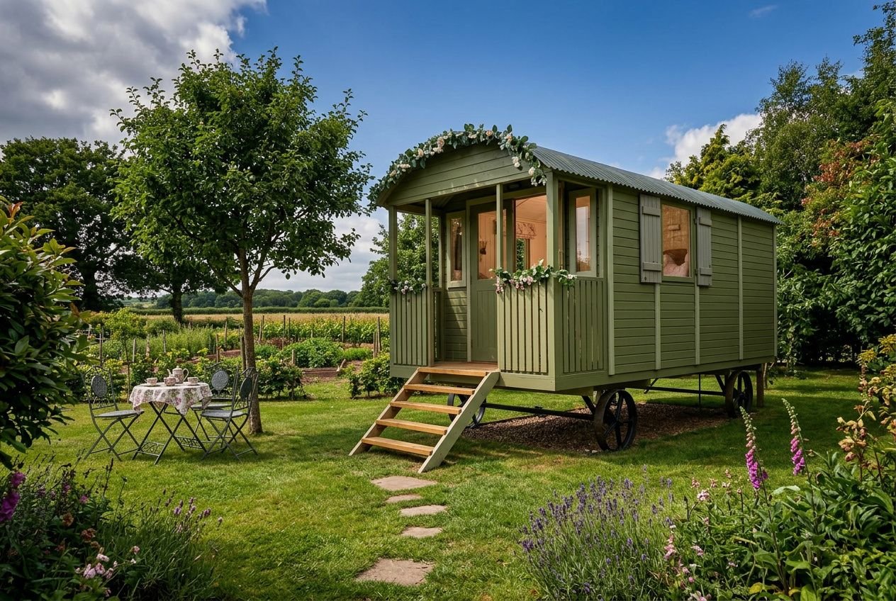 Roulotte verte sur roues dans un jardin, accès par marche, entourée de fleurs et d’un coin repas en plein air. Mettre une roulotte dans son jardin est au cœur de la description.
