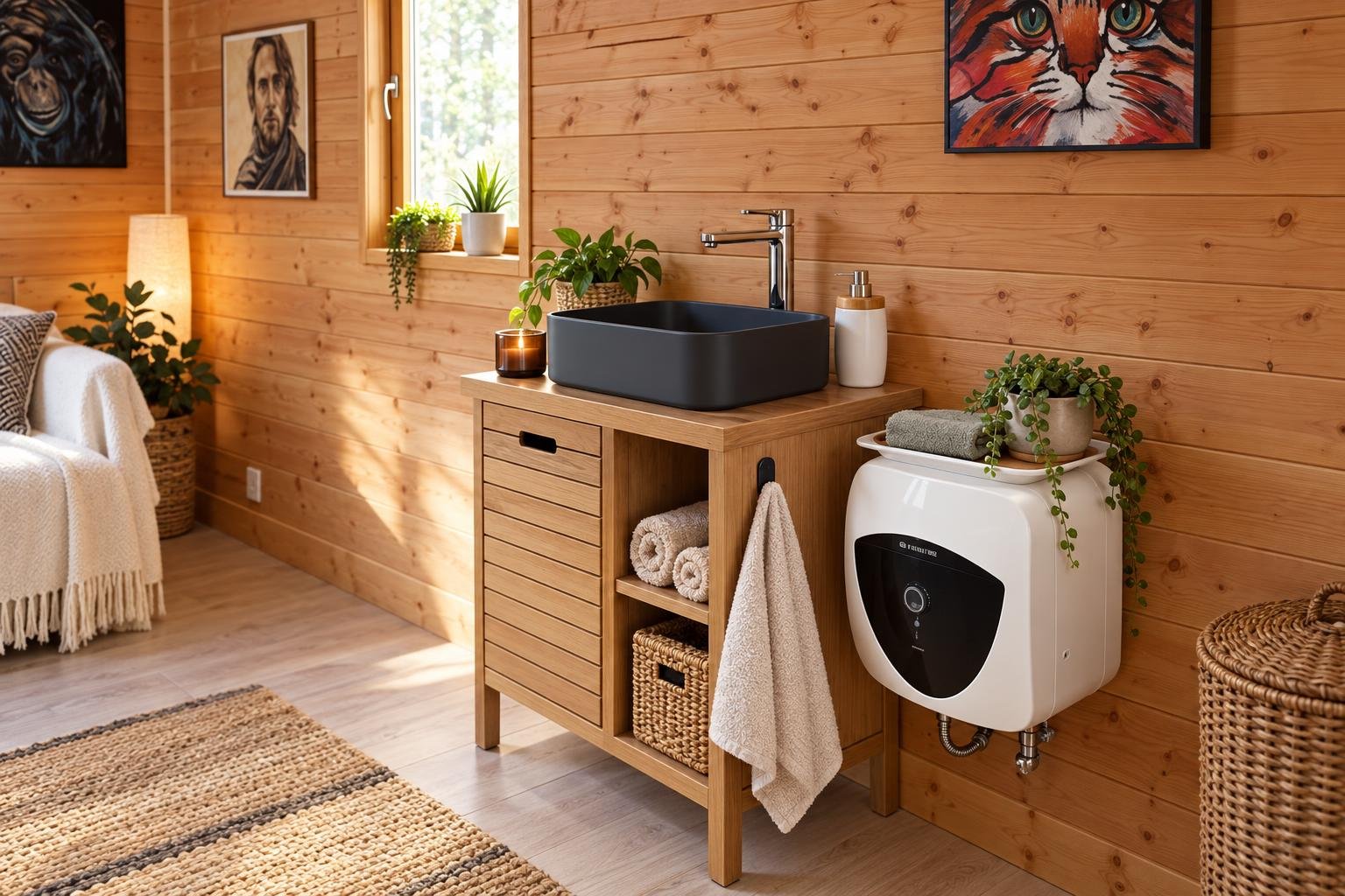 Salle de bain cosy dans une pièce au bois apparent avec un meuble lavabo en bois, vasque noire, étagères et porte-serviettes,