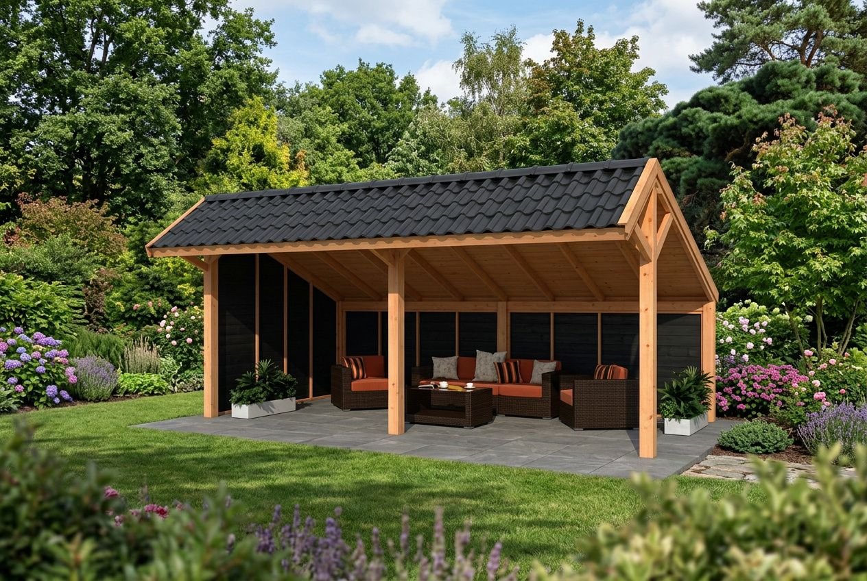 Salon extérieur en bois sous une structure de maison en kit autoconstruction, entouré de jardin verdoyant.