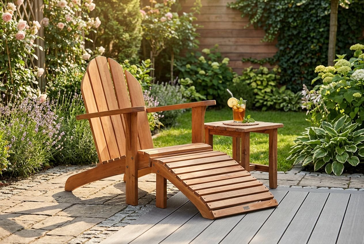 Salon de jardin en bois massif en teck: chaise longue inclinable et petit tabouret avec boisson, jardin fleuri en arrière-plan.