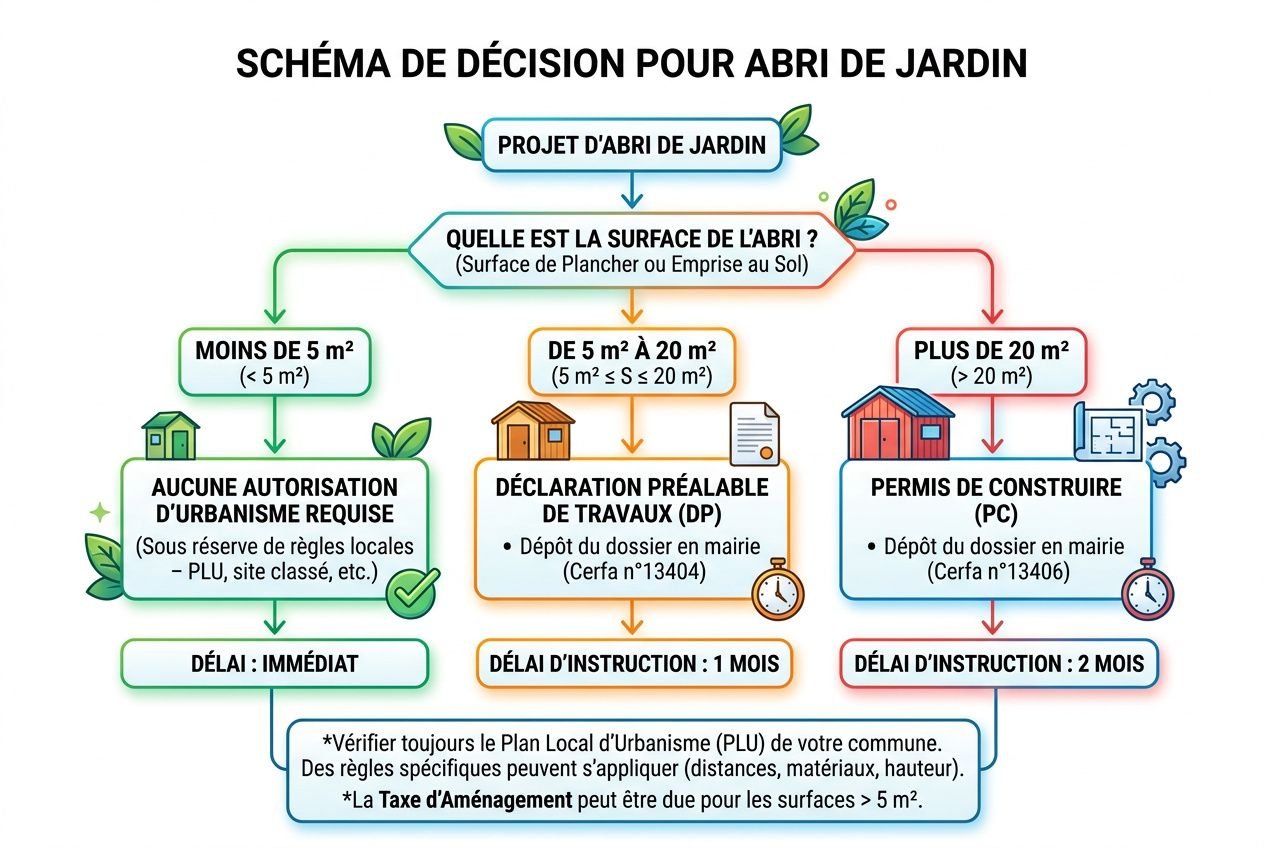 Schéma de décision pour abri de jardin: surface et démarches selon la surface (moins de 5 m², 5 à 20 m², plus de 20 m²) et les exigences associées, jusqu’au permis de construire. intégré le terme permis de construire abri de jardin.