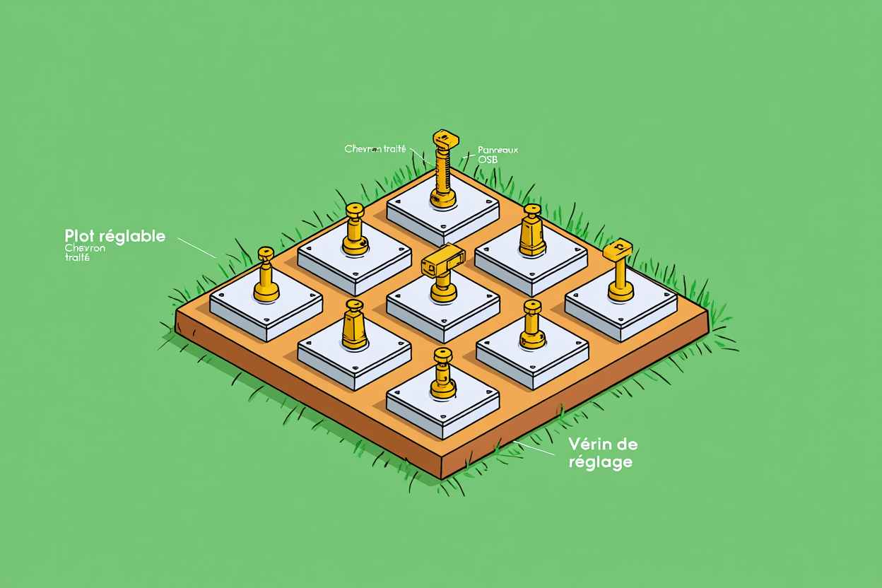 Schéma d’implantation des fondations abri de jardin bois avec plots réglables et vérins de réglage sur base en dalle surélevée, montrant les éléments pour une mise à niveau.