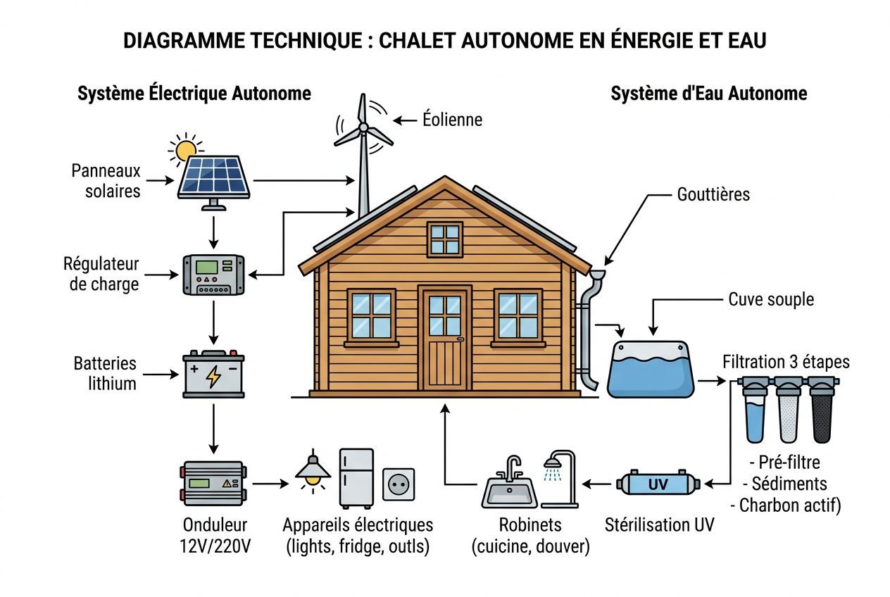 Schéma d’un chalet autonome en énergie et eau, avec panneaux solaires, éolienne, batteries, onduleur et système d’eau autonome sans réseau.