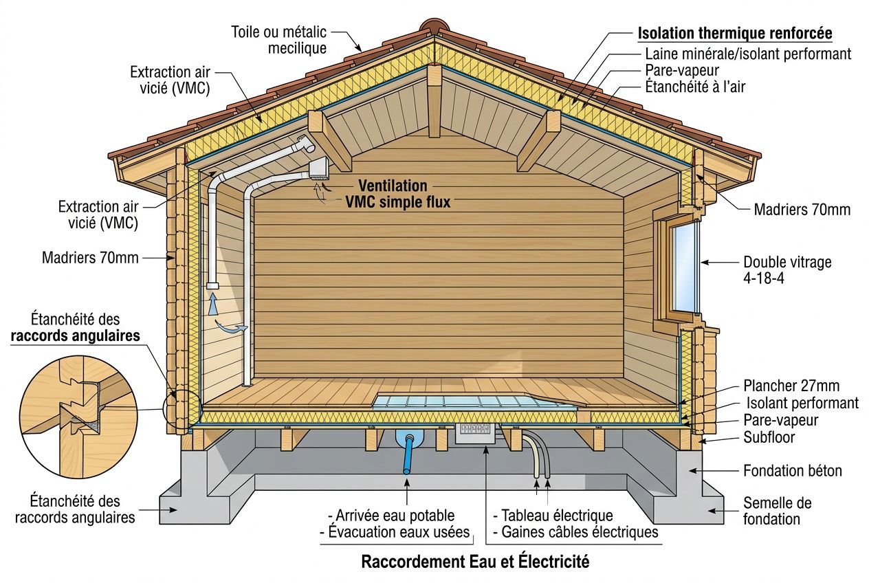 Schéma d’un chalet avec isolation, ventilation et fondations, montrant raccordement eau et électricité et éléments de charpente et plancher. Permis de construire chalet habitable.