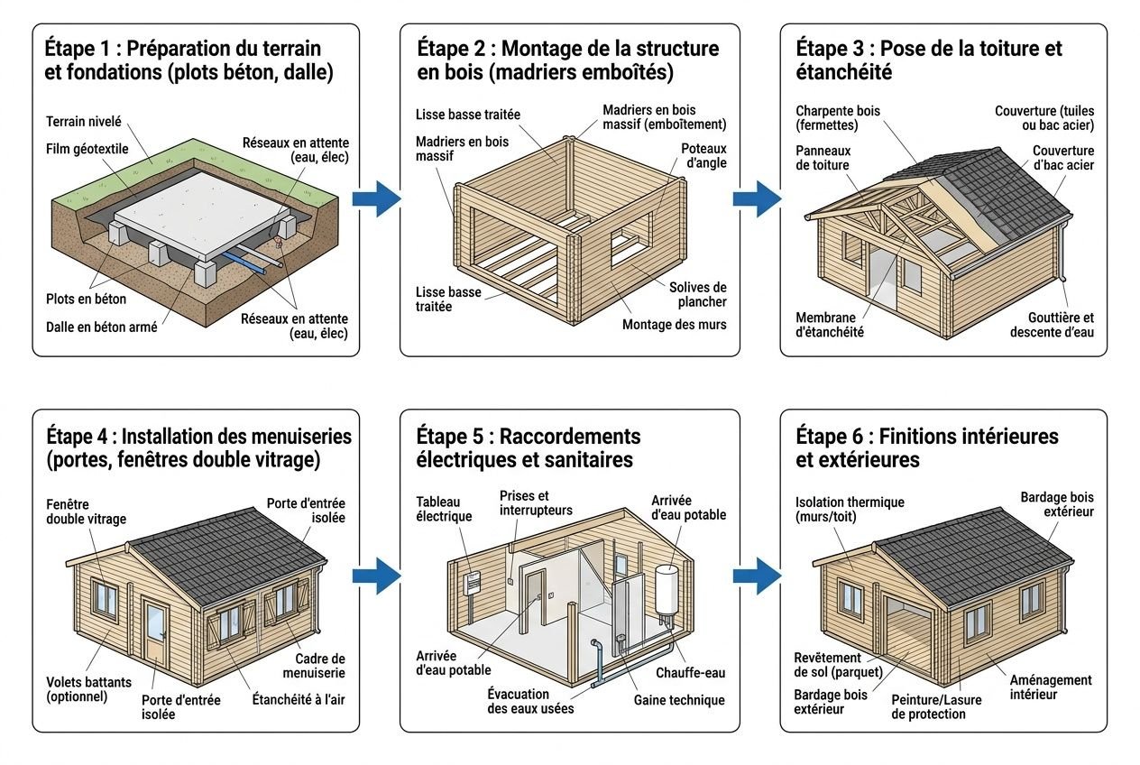 Schéma étape par étape montrant la construction d’un abris de jardin habitables, de la préparation du terrain à l’intérieur fini et isolation.