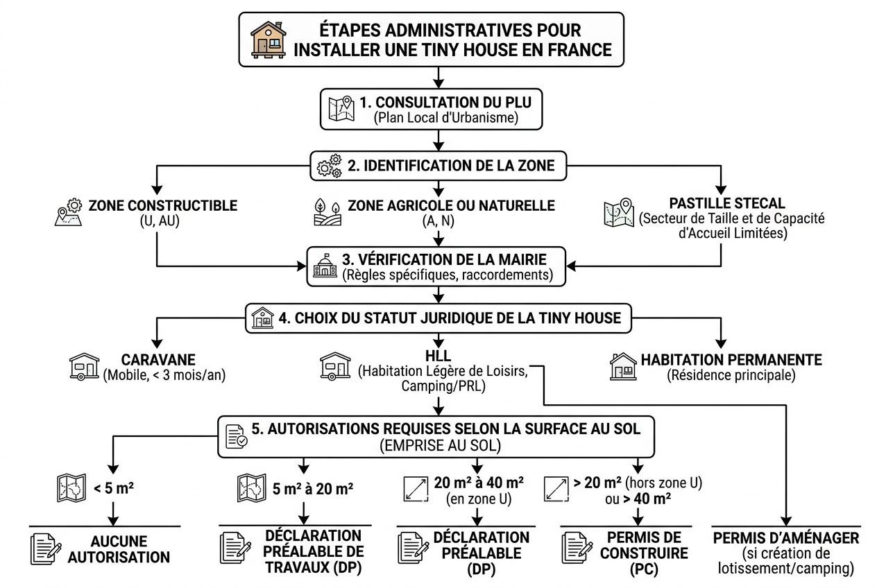 Schéma des étapes administratives pour installer une tiny house en France, du PLU à l’autorisation de construire.
