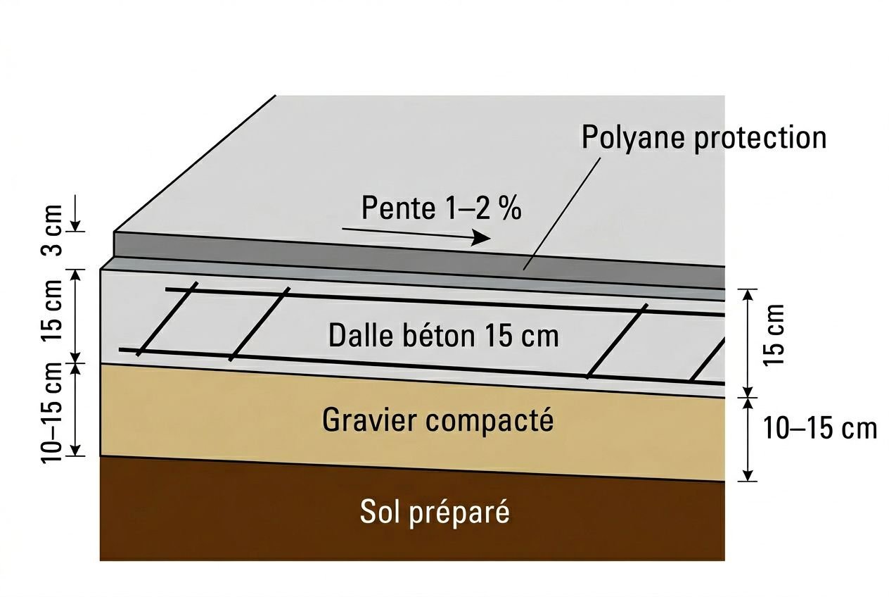 Schéma de fondations abri de jardin bois montrant dalle béton 15 cm, gravier compacté, sol préparé et pente 1–2 %, avec polynée protection et couches. Fondations abri de jardin bois.