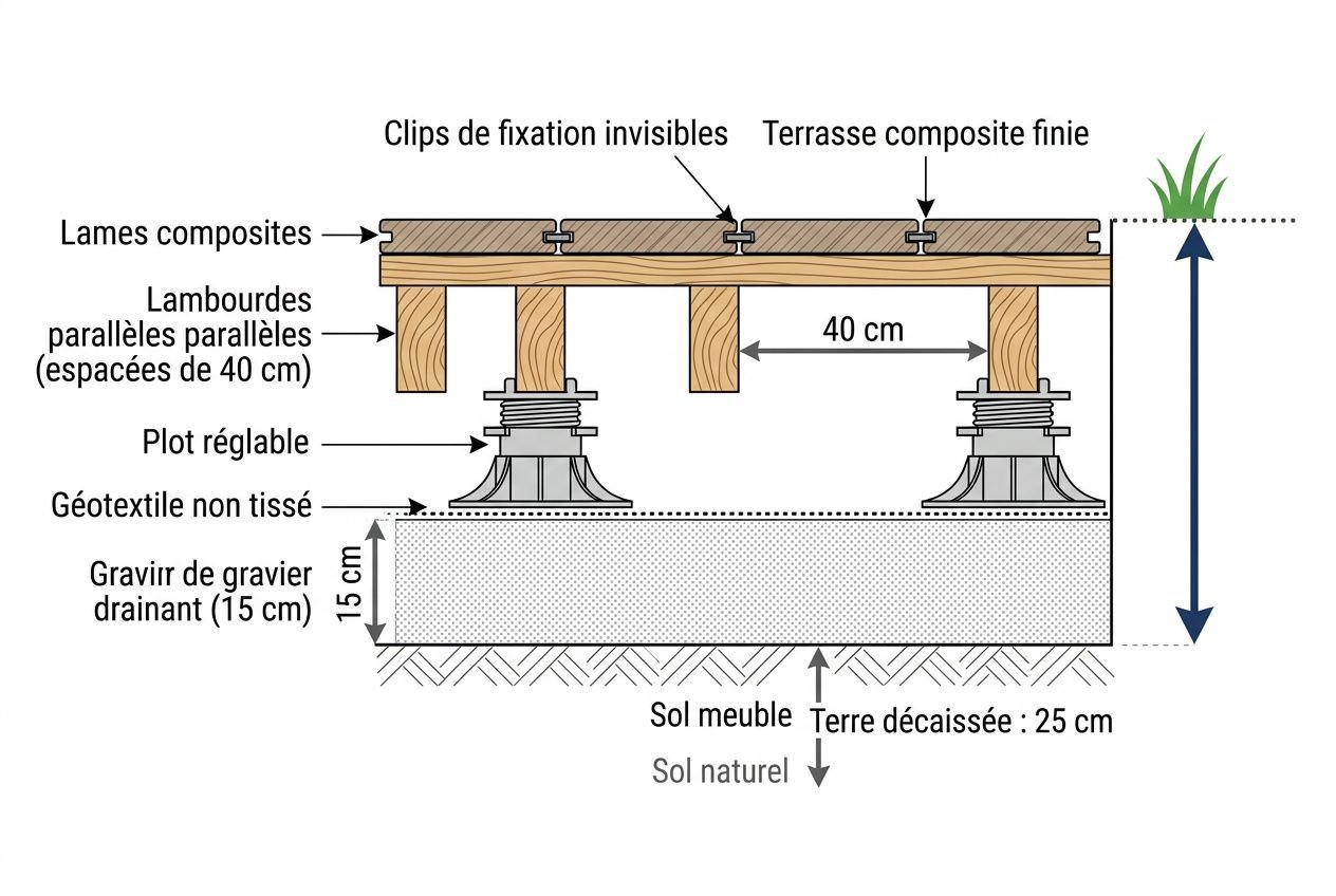 Schéma montrant l’installation des lames composites sur lambourdes avec fixations invisibles et terrasse finale, prêt pour installer lames terrasse composite en 40 cm entre les lambourdes, sur plot.