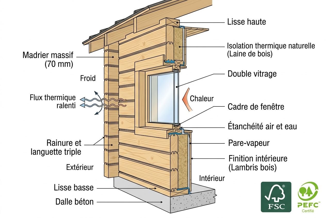 Schéma technique d’un chalet en bois, section montrant murs à madrier, isolation naturelle et double vitrage autour d’une fenêtre, avec cheminée et fondations en dalle béton. Labels FSC et PEFC apparaissent.