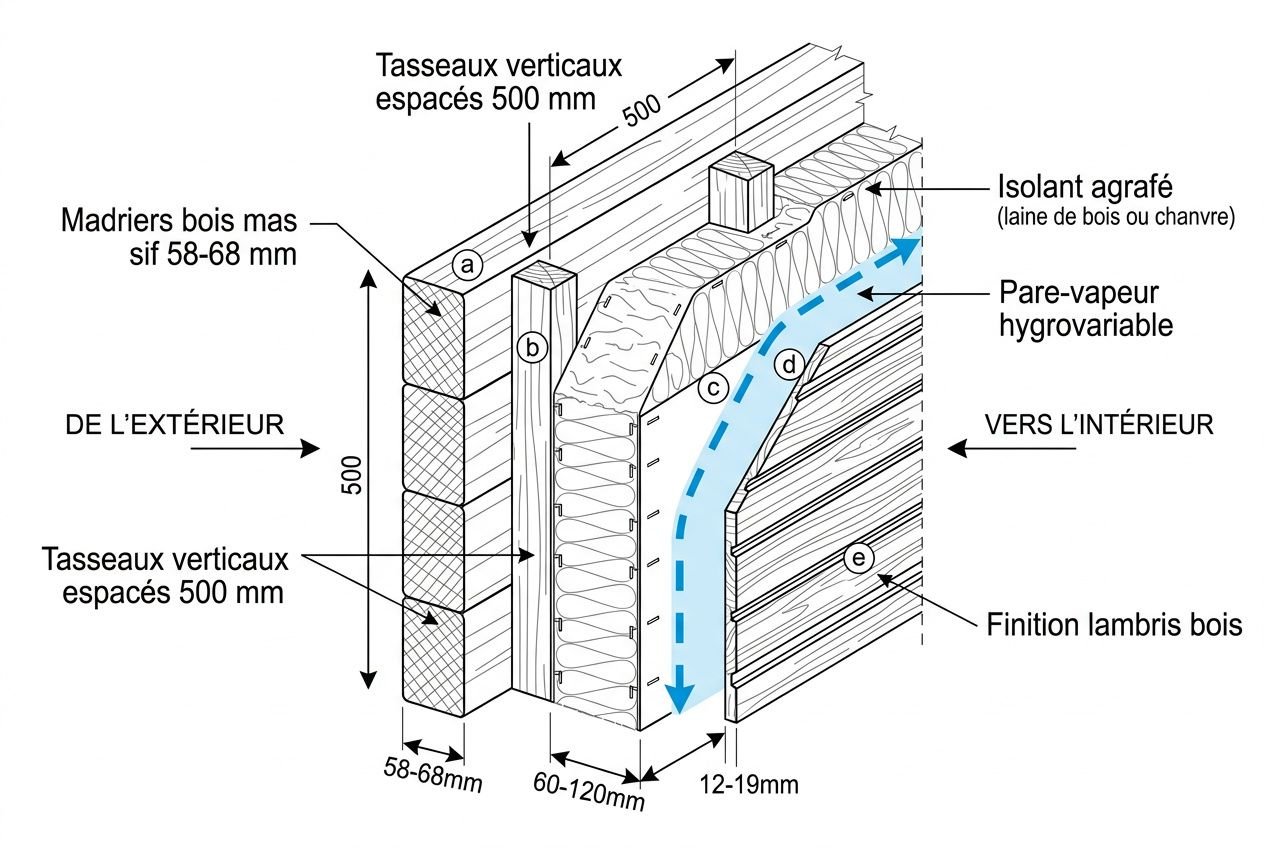 Schéma technique montrant la section d’un mur de chalet en bois avec isolation, entités: matériaux extérieurs, lame d’air, isolant agrafé et pare-vapeur, mise en œuvre vers l’intérieur. Concept clé: isolation chalet bois habitable.