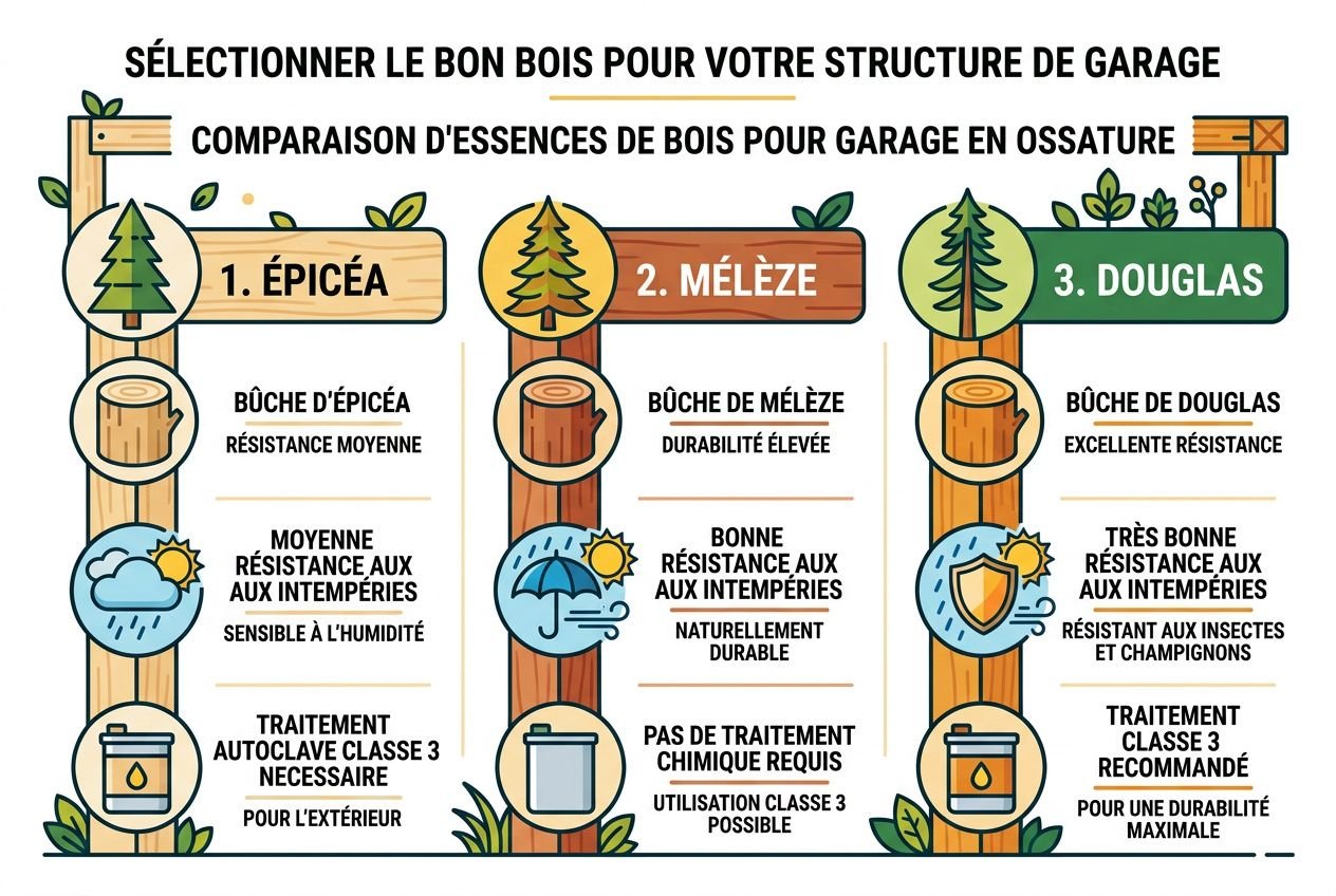 Sélection du bon bois pour votre structure de garage en ossature bois, comparaison des essences Épicéa, Mélèze et Douglas illustrée.
