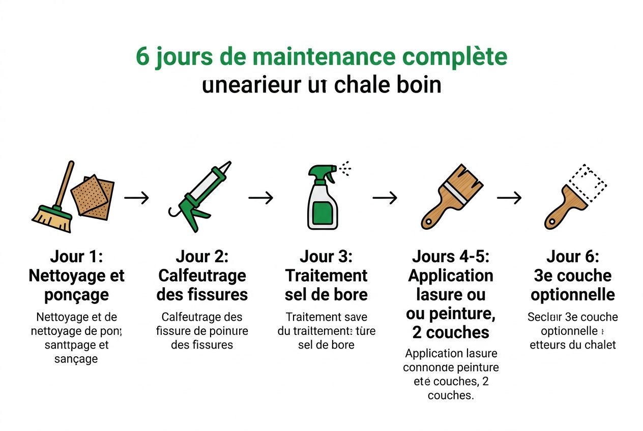 Six jours de maintenance complète pour un chalet bois habitable : nettoyage, calfeutrage, traitement du bore et application de lasure en 2 couches.