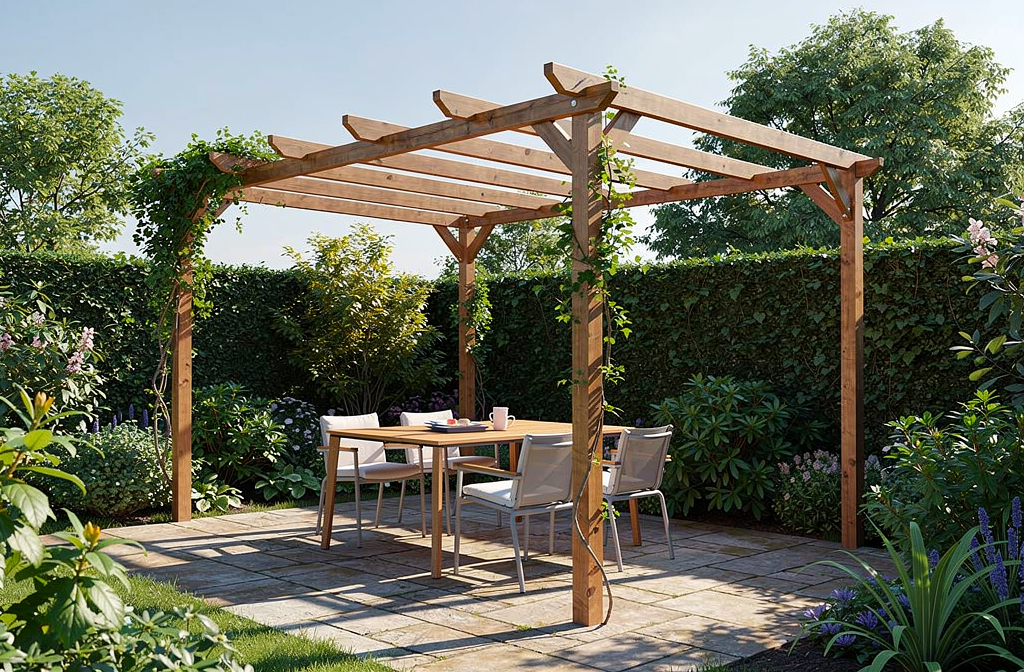 Table et chaises sous une pergola en bois dans un jardin ombragé, entouré de verdure et de haies. aménagement jardin ombragé reflété par l’espace extérieur convivial.