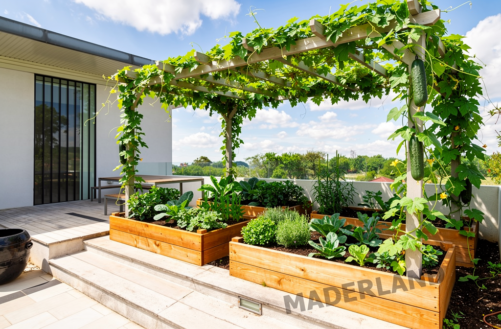 Terrasse aménagée avec pergola végétale ombrage naturel et bacs potagers en bois, légumes et plantes couvre-sol luxuriants. aménagement jardin ombragé naturel.