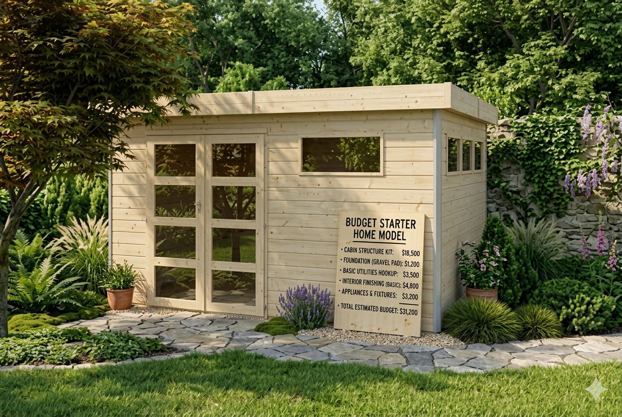 Tiny house en bois avec façade vitrée, placard de budget affiché devant, entourée de verdure et fleurs. comment choisir sa tiny est intégré naturellement dans la description.