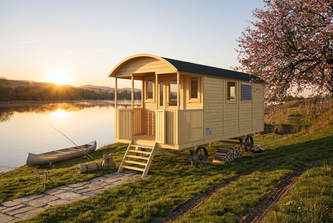 Tiny house sur remorque au bord d’un lac au coucher du soleil, bois naturel, porte d’entrée et marches, caravane prête à être homologuée d'une tiny.