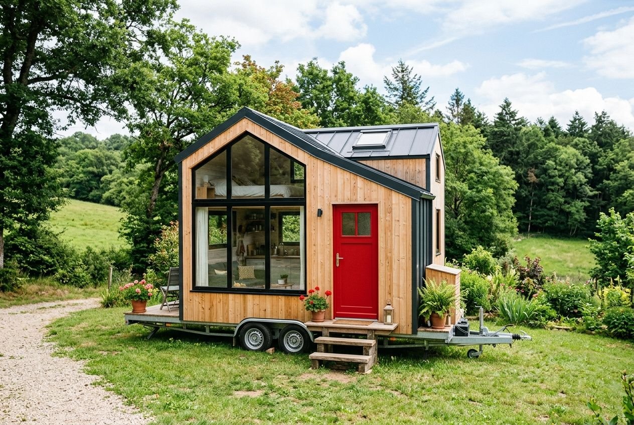 Tiny house sur roue en bois, porte rouge et grandes fenêtres, entourée d’un jardin vert et d’arbres. Avantages tiny house visibles.