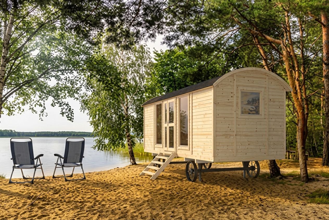 Tiny house sur roues au bord d’un lac, accessible par des marches, entourée d’arbres; deux fauteuils sur le sable.