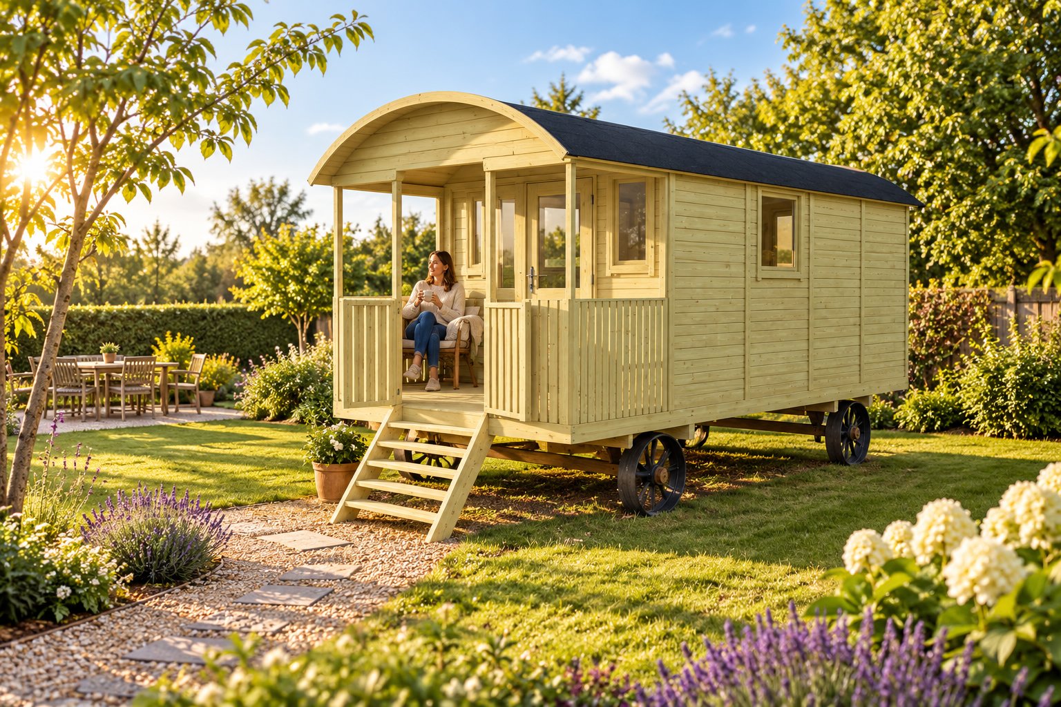Tiny maison mobile sur roues stationnée dans un jardin, avec une femme assise sur le porche.