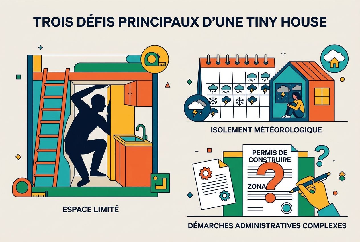 Trois défis principaux d'une tiny house: espace limité, isolation météorologique, et démarches administratives complexes.