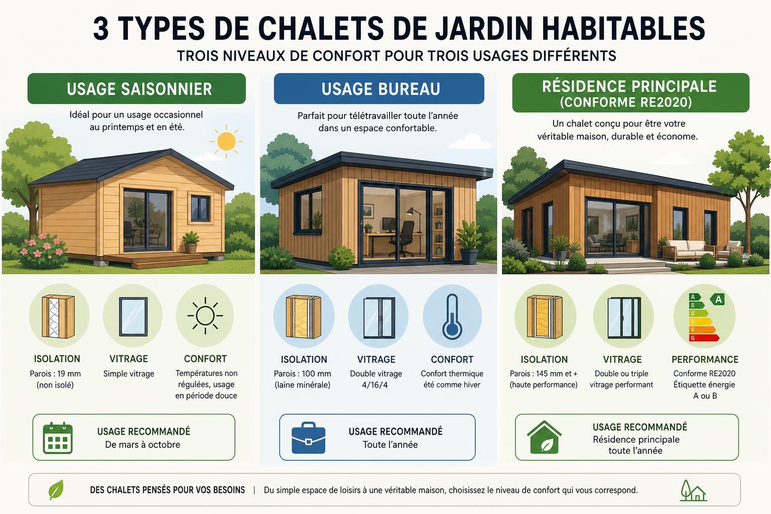 Trois types chalets de jardin habitables en bois: usages saisonnier, bureau et résidence principale avec isolation et vitrage adaptés. Chalet de jardin habitable 30m2 selon modèle et confort.