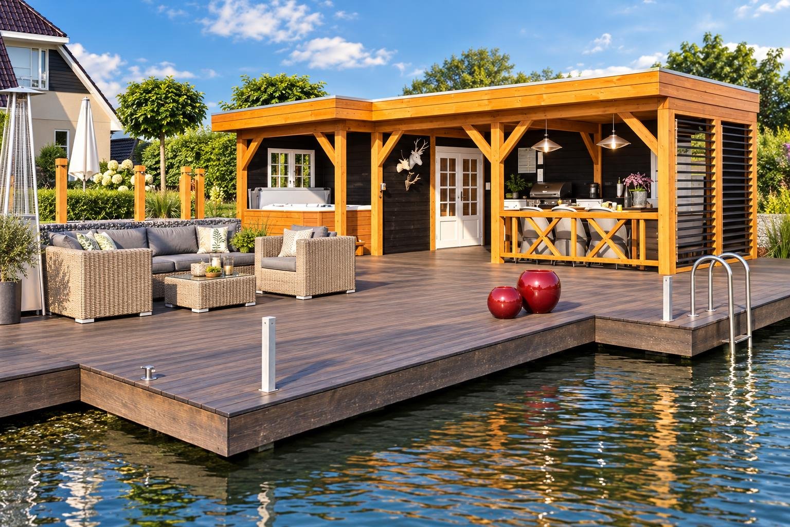 Vue d’ensemble d’une terrasse en bois attachée à une maison, avec piscine et mobilier d’extérieur.