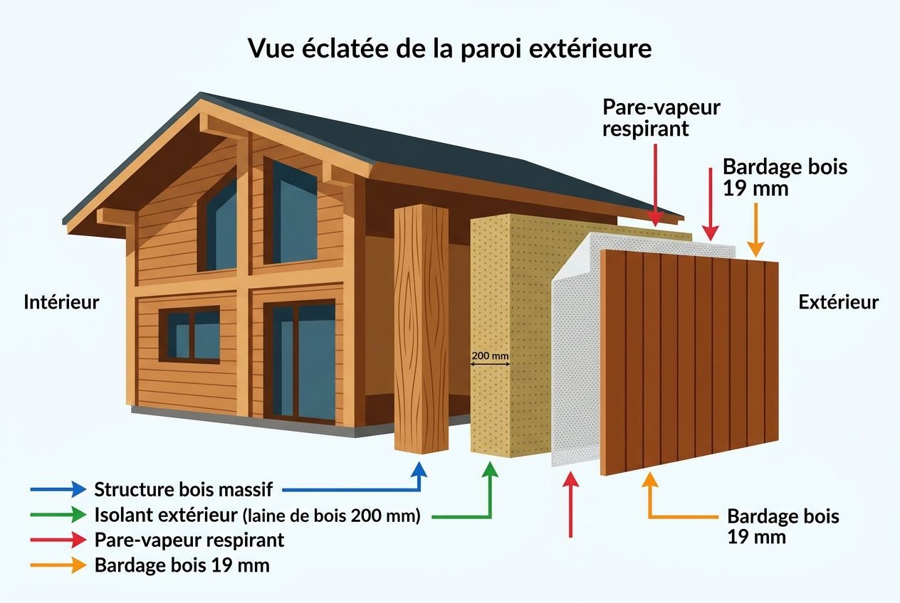 Vue éclatée de la paroi extérieure d’un chalet bois habitable, montrant structure bois, isolation extérieure, pare-vapeur et bardage bois 19 mm pour une habitation confortable toute l’année.